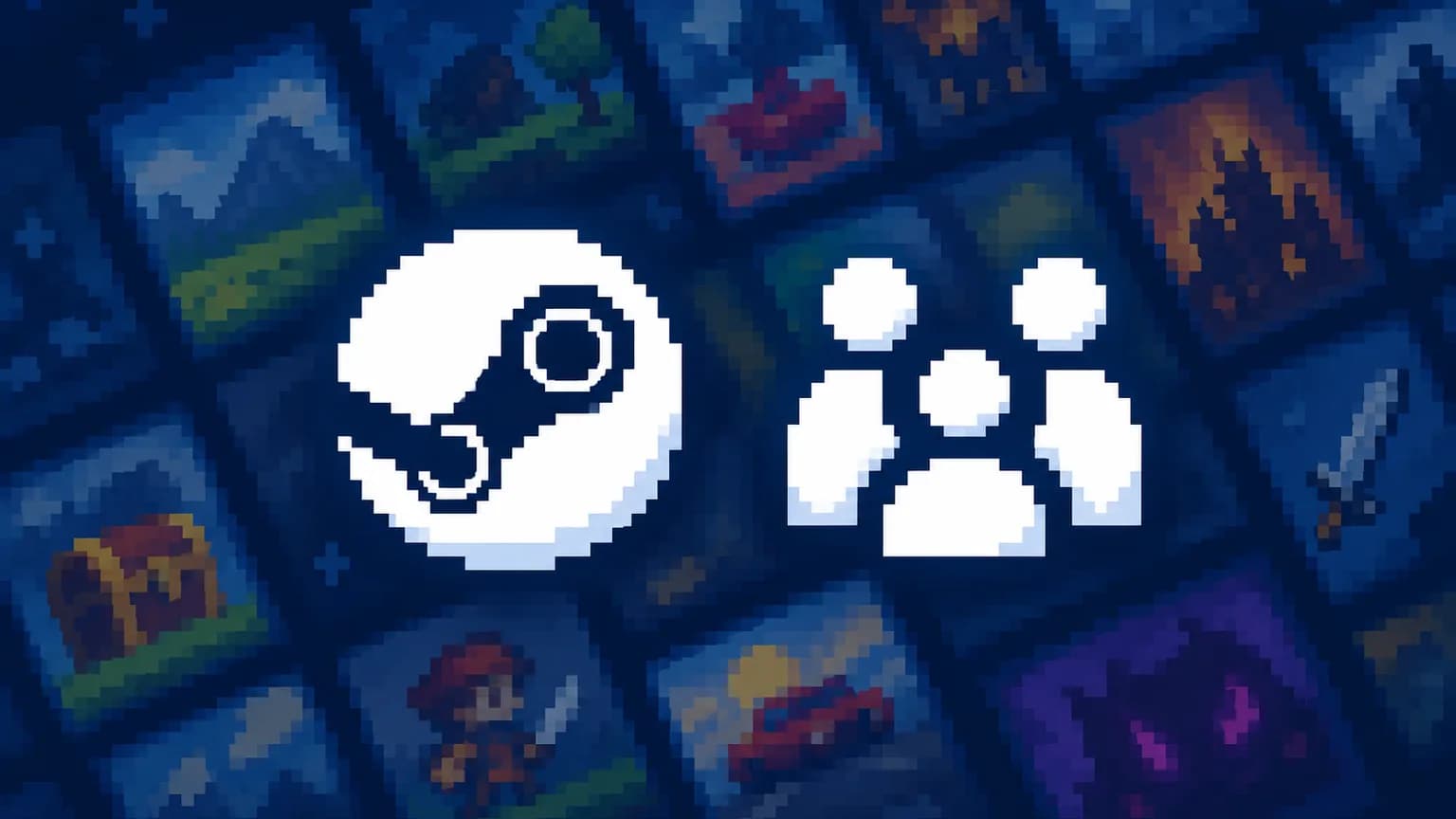 Пиксельный логотип Steam и значок компании друзей на фоне обложек игр: голосовой чат Steam часто висит на «Подключении», а созвониться можно рядом с игрой
